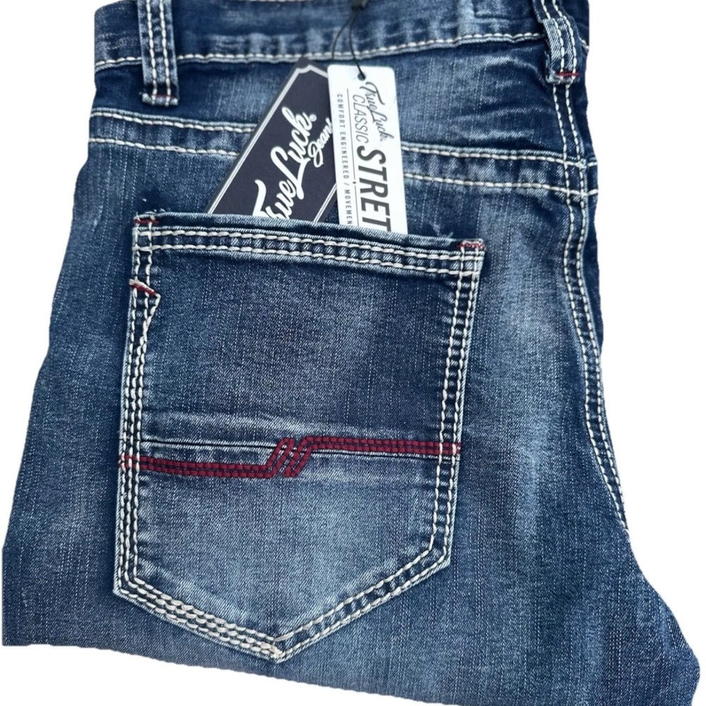 True Luck Classic Stretch Blue Straight Jeans with Contrast Stitching 34x32